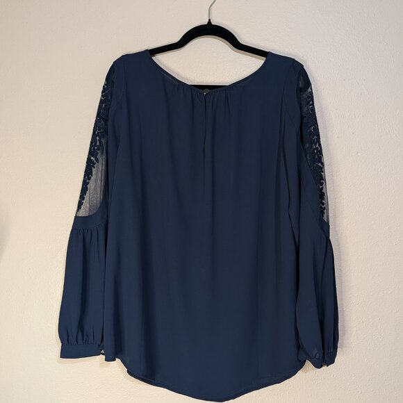 Chico s Black Label Mixed Blouse Navy Blue Button Sheer Top - Picture 4 of 10